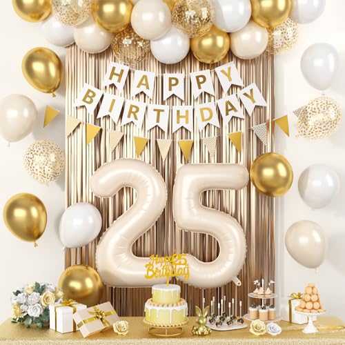 25th Happy Birthday Dekorationen, Sandweiß Geburtstag Dekorationen mit Cremeweiß 25 Zahlenballons Beige Latex Helium Ballon Champagner Fransen Vorhang Kuchen Topper Banner für 25 Party Supplies 25th Happy Birthday Dekorationen, Sandweiß Geburtstag Dekorationen mit Cremeweiß 25 Zahlenballons Beige Latex Helium Ballon Champagner Fransen Vorhang Kuchen Topper Banner für 25 Party Supplies von Saxuxu