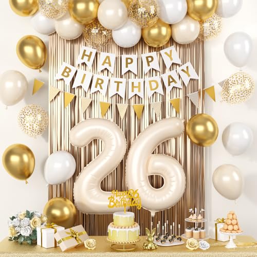 26 Geburtstag Dekorationen, Weiß und Gold Happy Birthday Dekoration Kit mit Beige Zahl 26 Luftballons Creme Weiß Latex Ballon Champagner Fransen Vorhang Kuchen Topper Banner für 26 Party Supplies 26 Geburtstag Dekorationen, Weiß und Gold Happy Birthday Dekoration Kit mit Beige Zahl 26 Luftballons Creme Weiß Latex Ballon Champagner Fransen Vorhang Kuchen Topper Banner für 26 Party Supplies von Saxuxu