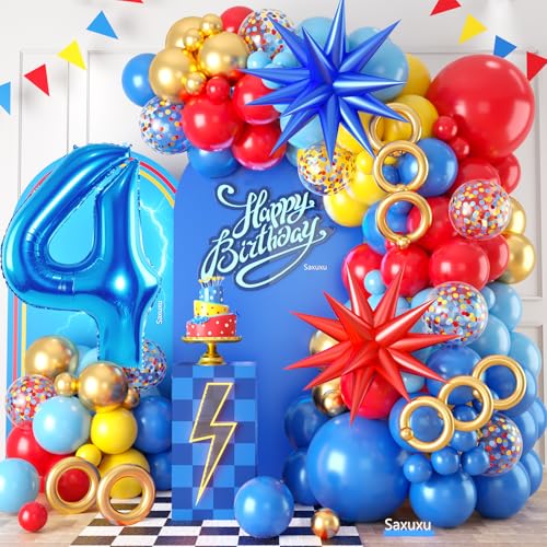 4. Geburtstag Dekorationen für Jungen, Rot Gelb Blau 4 Geburtstag Ballon Girlande Bogen Kit Stern Folienballons 40 Zoll Nummer 4 Ballon für Kind 4 Jahre alt Cartoon Thema Party Baby Shower Abschluss von Saxuxu