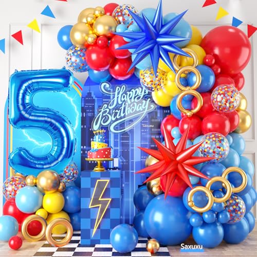 5. Geburtstag Dekorationen für Jungen, Rot Gelb Blau Fünfter Geburtstag Ballon Girlande Bogen Kit Stern Folienballons 40 Zoll Zahl 5 Ballon für Kind 5 Jahre alt Cartoon Thema Party Baby Shower von Saxuxu