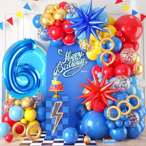 6. Geburtstag Dekorationen für Jungen, Rot Gelb Blau 6. Geburtstag Ballon Girlande Bogen Kit Stern Folienballons 40 Zoll Zahl 6 Ballon für Kind 6 Jahre alt Cartoon Thema Party Baby Shower Abschluss von Saxuxu