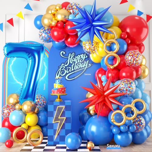 7. Geburtstag Dekorationen für Jungen, Rot Gelb Blau 7. Geburtstag Ballon Girlande Bogen Kit Stern Folienballons 40 Zoll Nummer 7 Ballon für Kind 7 Jahre alt Cartoon Thema Party Baby Shower Abschluss von Saxuxu