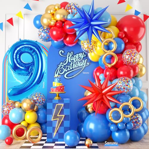 9. Geburtstag Dekorationen für Jungen, Rot Gelb Blau 9 Geburtstag Ballon Girlande Bogen Kit Stern Folienballons 40 Zoll Zahl 9 Ballon für Kind 9 Jahre alt Cartoon Thema Party Baby Shower Abschluss von Saxuxu