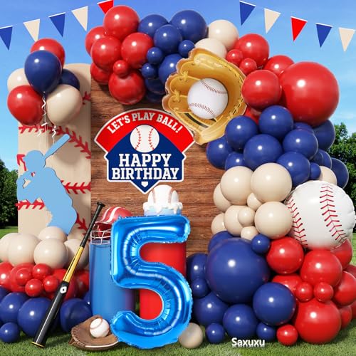Baseball-Ballonbogen-Set zum 5. Geburtstag, für Jungen, Rot-Blau-Nude, Ballonbogen-Set mit 101,6 cm marineblauem Ballon der Zahl 5, Baseball-Handschuh-Folienballons für Sportparty, Babyparty Baseball-Ballonbogen-Set zum 5. Geburtstag, für Jungen, Rot-Blau-Nude, Ballonbogen-Set mit 101,6 cm marineblauem Ballon der Zahl 5, Baseball-Handschuh-Folienballons für Sportparty, Babyparty von Saxuxu