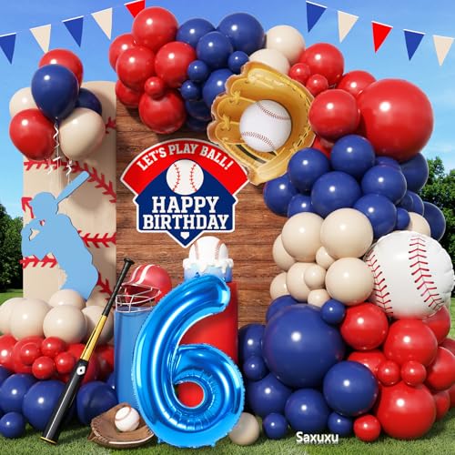 Baseball-Ballonbogen-Set zum 6. Geburtstag, für Jungen, Rot-Blau-Nude, Ballonbogen-Set mit 101,6 cm marineblauem Ballon Zahl 6, Baseballhandschuh-Folienballons für Sportparty, Babyparty Baseball-Ballonbogen-Set zum 6. Geburtstag, für Jungen, Rot-Blau-Nude, Ballonbogen-Set mit 101,6 cm marineblauem Ballon Zahl 6, Baseballhandschuh-Folienballons für Sportparty, Babyparty von Saxuxu