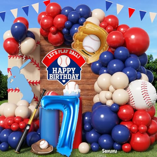 Baseball-Ballonbogen-Set zum 7. Geburtstag, für Jungen, Rot-Blau-Nude-Ballonbogen-Set mit 101,6 cm marineblauem Ballon der Zahl 7, Baseballhandschuh-Folienballons für Sportparty, Babyparty Baseball-Ballonbogen-Set zum 7. Geburtstag, für Jungen, Rot-Blau-Nude-Ballonbogen-Set mit 101,6 cm marineblauem Ballon der Zahl 7, Baseballhandschuh-Folienballons für Sportparty, Babyparty von Saxuxu