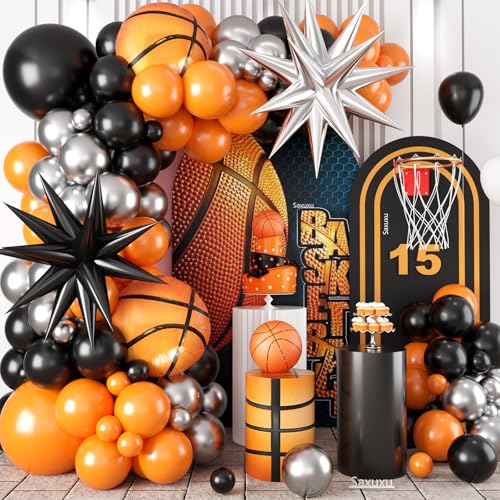 Basketball Ballon Bogen Kit, Schwarz Orange Luftballons Girlande Bogen Kit, Silber Stern Foli Ballons Basketball Folienballon für Ballspiele Thema Geburtstag Babyparty Party Jahrestag Hochzeit von Saxuxu