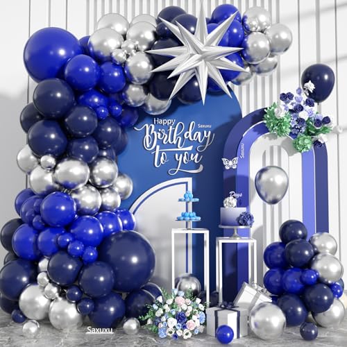Blau und Silber Ballonbogen Kit, Blau Silber Luftballons Girlande Bogen Kit mit Stern Folienballon, Dunkel Marineblau Ballons für Jungen Männer Geburtstag Party Hochzeit Jahrestag Abschlussfeier von Saxuxu