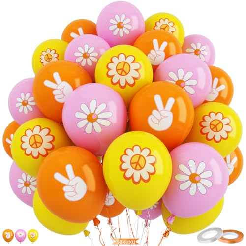 Boho-Luftballons mit Gänseblümchen-Motiv, 30,5 cm, Gelb, Rosa, Orange, Latex-Luftballons für Kinder, Mädchen, zwei groovige Geburtstags-Luftballons im Retro-Stil, Hippie-Party-Dekorationen, Boho-Luftballons mit Gänseblümchen-Motiv, 30,5 cm, Gelb, Rosa, Orange, Latex-Luftballons für Kinder, Mädchen, zwei groovige Geburtstags-Luftballons im Retro-Stil, Hippie-Party-Dekorationen, von Saxuxu