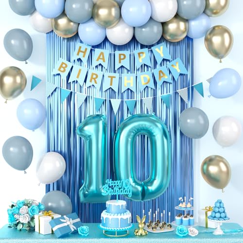 Dekoration zum 10. Geburtstag, blaue Happy Birthday-Party-Dekorationen mit blaugrünen Luftballons der Zahl 10, staubige Macaron-blau-weiße Luftballons, Fransenvorhang, Banner, Kuchenaufsatz für Jungen Dekoration zum 10. Geburtstag, blaue Happy Birthday-Party-Dekorationen mit blaugrünen Luftballons der Zahl 10, staubige Macaron-blau-weiße Luftballons, Fransenvorhang, Banner, Kuchenaufsatz für Jungen von Saxuxu