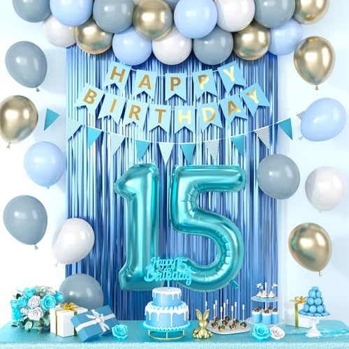 Dekoration zum 15. Geburtstag, blaue Happy Birthday-Party-Dekorationen mit blaugrünen Luftballons der Zahl 15, staubige Macaron-blau-weiße Luftballons, Fransenvorhang, Banner, Kuchenaufsatz für Jungen Dekoration zum 15. Geburtstag, blaue Happy Birthday-Party-Dekorationen mit blaugrünen Luftballons der Zahl 15, staubige Macaron-blau-weiße Luftballons, Fransenvorhang, Banner, Kuchenaufsatz für Jungen von Saxuxu