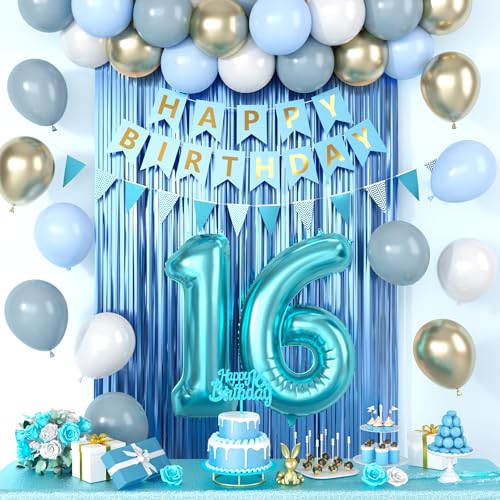 Dekoration zum 16. Geburtstag, blaue Happy Birthday-Party-Dekorationen mit blaugrünen Luftballons der Zahl 16, staubige Macaron-blau-weiße Luftballons, Fransenvorhang, Banner, Kuchenaufsatz für Jungen Dekoration zum 16. Geburtstag, blaue Happy Birthday-Party-Dekorationen mit blaugrünen Luftballons der Zahl 16, staubige Macaron-blau-weiße Luftballons, Fransenvorhang, Banner, Kuchenaufsatz für Jungen von Saxuxu