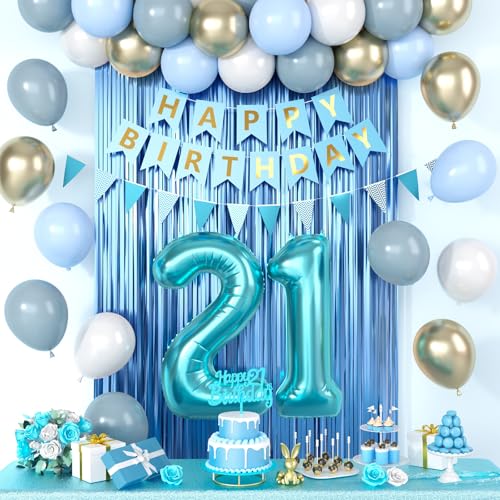 Dekoration zum 21. Geburtstag, blaue Happy Birthday-Party-Dekorationen mit blaugrünen Luftballons der Zahl 21, staubige Macaron-blau-weiße Luftballons, Fransenvorhang, Banner, Kuchenaufsatz für Mann Dekoration zum 21. Geburtstag, blaue Happy Birthday-Party-Dekorationen mit blaugrünen Luftballons der Zahl 21, staubige Macaron-blau-weiße Luftballons, Fransenvorhang, Banner, Kuchenaufsatz für Mann von Saxuxu