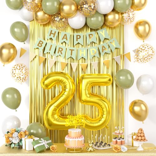 Dekoration zum 25. Geburtstag, Salbeigrün und Gold, Happy Birthday Party Dekorationen mit Zahl 25 Luftballons, olivgrün, Gold, Konfetti-Ballons, Fransenvorhang, Banner, Kuchendekoration, für 25. Dekoration zum 25. Geburtstag, Salbeigrün und Gold, Happy Birthday Party Dekorationen mit Zahl 25 Luftballons, olivgrün, Gold, Konfetti-Ballons, Fransenvorhang, Banner, Kuchendekoration, für 25. von Saxuxu