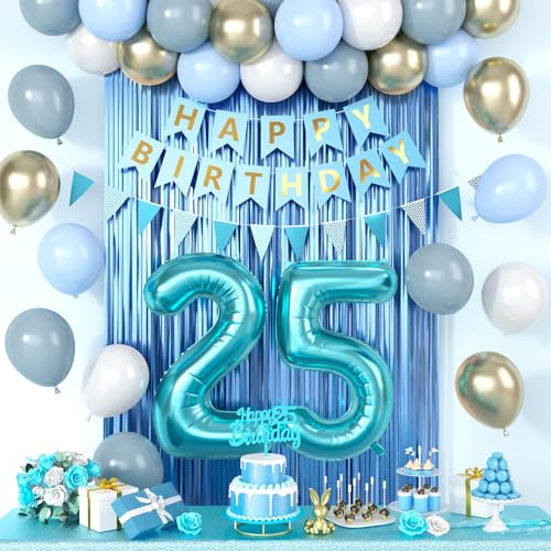 Dekoration zum 25. Geburtstag, blaue Happy Birthday-Party-Dekorationen mit blaugrünen Luftballons der Zahl 25, staubige Macaron-blau-weiße Luftballons, Fransenvorhang, Banner, Kuchenaufsatz für Mann Dekoration zum 25. Geburtstag, blaue Happy Birthday-Party-Dekorationen mit blaugrünen Luftballons der Zahl 25, staubige Macaron-blau-weiße Luftballons, Fransenvorhang, Banner, Kuchenaufsatz für Mann von Saxuxu