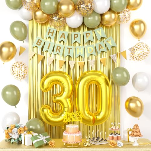 Dekoration zum 30. Geburtstag, für Männer und Frauen, salbeigrün "Happy Birthday", Party-Dekorationen mit goldener Zahl 30, goldene Konfetti-Luftballons, Fransenvorhang, Kuchendekoration für 30. Dekoration zum 30. Geburtstag, für Männer und Frauen, salbeigrün "Happy Birthday", Party-Dekorationen mit goldener Zahl 30, goldene Konfetti-Luftballons, Fransenvorhang, Kuchendekoration für 30. von Saxuxu