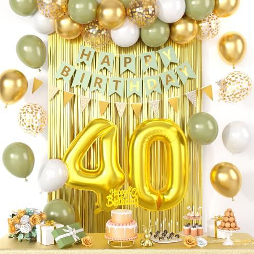 Dekoration zum 40. Geburtstag für Männer und Frauen, Grün-Gold, Happy Birthday-Party-Dekorationen mit goldener Zahl 40 Luftballons, salbeigrün und gold, Konfetti-Ballons, Fransenvorhang, Dekoration zum 40. Geburtstag für Männer und Frauen, Grün-Gold, Happy Birthday-Party-Dekorationen mit goldener Zahl 40 Luftballons, salbeigrün und gold, Konfetti-Ballons, Fransenvorhang, von Saxuxu