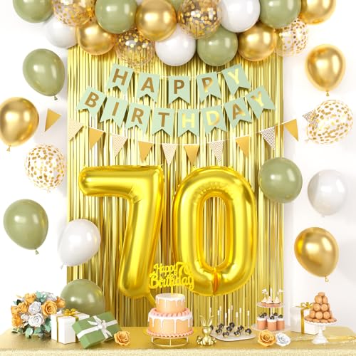 Dekoration zum 70. Geburtstag für Männer und Frauen, goldgrün, Happy Birthday-Party-Dekorationen mit Zahl 70, salbeigrün, goldfarben, Konfetti-Ballons, Fransenvorhang, Kuchenaufsatz für 70. Dekoration zum 70. Geburtstag für Männer und Frauen, goldgrün, Happy Birthday-Party-Dekorationen mit Zahl 70, salbeigrün, goldfarben, Konfetti-Ballons, Fransenvorhang, Kuchenaufsatz für 70. von Saxuxu