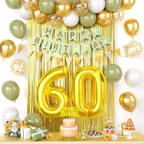 Dekorationen zum 60. Geburtstag, für Männer und Frauen, salbeigrün "Happy Birthday", Party-Dekorationen mit goldenen Luftballons der Zahl 60, goldene Konfetti-Latex-Luftballons, Fransenvorhang, Dekorationen zum 60. Geburtstag, für Männer und Frauen, salbeigrün "Happy Birthday", Party-Dekorationen mit goldenen Luftballons der Zahl 60, goldene Konfetti-Latex-Luftballons, Fransenvorhang, von Saxuxu