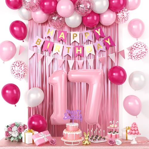 Geburtstagsdekorationen zum 17. Geburtstag, Party-Dekorationen mit Zahl 17, Hot Pink Pearl White Macaron Pink Balloons Fransenvorhang Banner Kuchenaufsatz für 17. Partyzubehör Geburtstagsdekorationen zum 17. Geburtstag, Party-Dekorationen mit Zahl 17, Hot Pink Pearl White Macaron Pink Balloons Fransenvorhang Banner Kuchenaufsatz für 17. Partyzubehör von Saxuxu