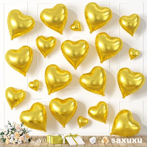 Goldene Herzballons, herzförmige Luftballons, 20 Stück, 5/10/45,7 cm, Goldfolien-Liebesballons für Valentinstag, Dekorationen, Hochzeit, Verlobung, Brautpartys, Jubiläumsfeiern Goldene Herzballons, herzförmige Luftballons, 20 Stück, 5/10/45,7 cm, Goldfolien-Liebesballons für Valentinstag, Dekorationen, Hochzeit, Verlobung, Brautpartys, Jubiläumsfeiern von Saxuxu