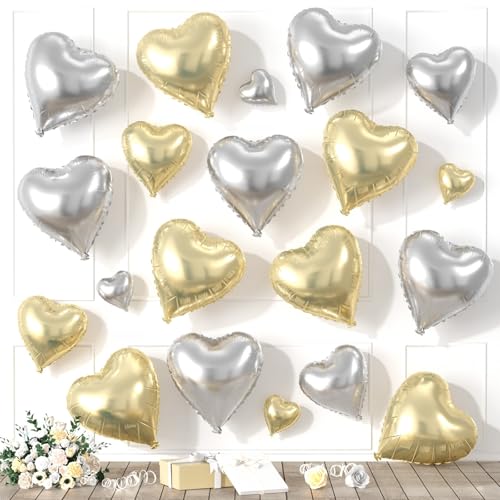 Goldfarbene und silberne Herzballons, herzförmige Luftballons, 20 Stück, 5/10/45,7 cm, Gold-Silber-Folie, Liebesballons für Valentinstag, Dekorationen, Hochzeit, Verlobung, Brautpartys, Goldfarbene und silberne Herzballons, herzförmige Luftballons, 20 Stück, 5/10/45,7 cm, Gold-Silber-Folie, Liebesballons für Valentinstag, Dekorationen, Hochzeit, Verlobung, Brautpartys, von Saxuxu
