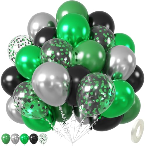 Grüne und schwarze Luftballons, 30,5 cm, grün-schwarze, silberfarbene Luftballons, Chrom-Metallic-Silber-Latex-Ballon mit Konfetti-Party-Ballon für Jungen, Kinder, Fußballspiel von Saxuxu