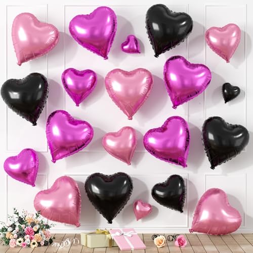 Herzförmige Luftballons in Hot Pink, Schwarz, 20 Stück, 5/10/45,7 cm, rosa schwarze Folienballons für Valentinstag, Hochzeit, Verlobung, Brautpartys, Jubiläumsfeiern Herzförmige Luftballons in Hot Pink, Schwarz, 20 Stück, 5/10/45,7 cm, rosa schwarze Folienballons für Valentinstag, Hochzeit, Verlobung, Brautpartys, Jubiläumsfeiern von Saxuxu