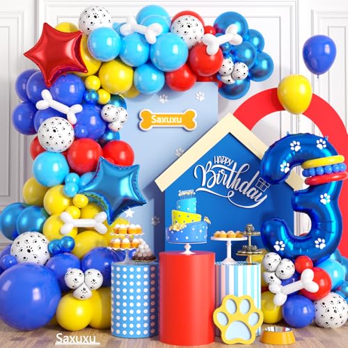 Hundepfote 3 Geburtstag Dekorationen, 3 Geburtstag Dekorationen Junge, Hund Ballonbogen mit Rot Blau Gelb Latex Ballon und Langer Ballon Zahl Ballon Stern Folienballon für Paw Birthday Party Supplies Hundepfote 3 Geburtstag Dekorationen, 3 Geburtstag Dekorationen Junge, Hund Ballonbogen mit Rot Blau Gelb Latex Ballon und Langer Ballon Zahl Ballon Stern Folienballon für Paw Birthday Party Supplies von Saxuxu