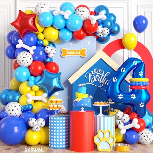 Hundepfote 4 Geburtstag Dekorationen, 4 Geburtstag Dekorationen Junge, Hund Ballonbogen mit Rot Blau Gelb Latex Ballon und Langer Ballon Zahl Ballon Stern Folienballon für Paw Birthday Party Supplies Hundepfote 4 Geburtstag Dekorationen, 4 Geburtstag Dekorationen Junge, Hund Ballonbogen mit Rot Blau Gelb Latex Ballon und Langer Ballon Zahl Ballon Stern Folienballon für Paw Birthday Party Supplies von Saxuxu