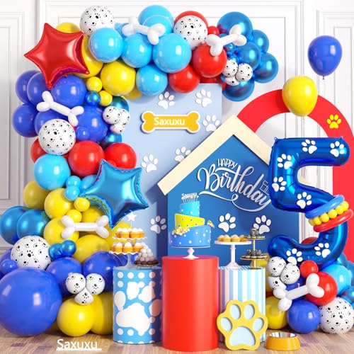 Hundepfote 5 Geburtstag Dekorationen, 5 Geburtstag Dekorationen Junge, Hund Ballonbogen mit Rot Blau Gelb Latex Ballon und Langer Ballon Zahl Ballon Stern Folienballon für Paw Birthday Party Supplies Hundepfote 5 Geburtstag Dekorationen, 5 Geburtstag Dekorationen Junge, Hund Ballonbogen mit Rot Blau Gelb Latex Ballon und Langer Ballon Zahl Ballon Stern Folienballon für Paw Birthday Party Supplies von Saxuxu