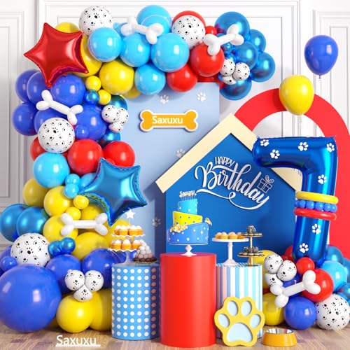 Hundepfote 7 Geburtstag Dekorationen, 7 Geburtstag Dekorationen Junge, Hund Ballonbogen mit Rot Blau Gelb Latex Ballon und Langer Ballon Zahl Ballon Stern Folienballon für Paw Birthday Party Supplies Hundepfote 7 Geburtstag Dekorationen, 7 Geburtstag Dekorationen Junge, Hund Ballonbogen mit Rot Blau Gelb Latex Ballon und Langer Ballon Zahl Ballon Stern Folienballon für Paw Birthday Party Supplies von Saxuxu