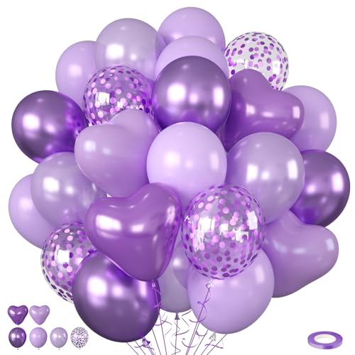 Lila Luftballons, 60 Stück Metallic Lila Luftballons mit Matte Macaron Herz Latex Ballon Konfetti Ballon Geburtstag Baby Shower Party Hochzeit Brautdusche Bachelorette Verlobung Jahrestag Dekorationen von Saxuxu