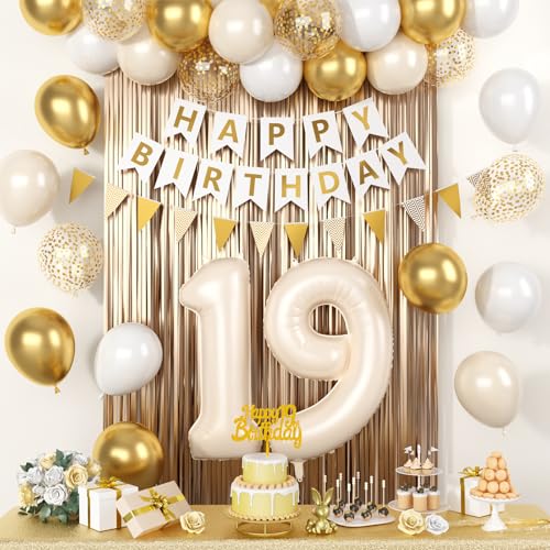 Partydekorationen zum 19. Geburtstag, goldweiß, Happy Birthday Dekorationen mit Zahl 19, Luftballons, Beige, Sand, Weiß, Latexballon, Champagner, Fransenvorhang, Kuchendekoration, Banner für 19. Partydekorationen zum 19. Geburtstag, goldweiß, Happy Birthday Dekorationen mit Zahl 19, Luftballons, Beige, Sand, Weiß, Latexballon, Champagner, Fransenvorhang, Kuchendekoration, Banner für 19. von Saxuxu
