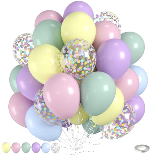 Pastellfarbene Luftballons, 60 Stück, Macaron-Grün, Rosa, Lila, Blaugrün, Blau, Konfetti-Ballon für Mädchen, Frauen, Damen, Geburtstag, Babyparty, Party, Hochzeit, Brautparty, Junggesellinnenabschied von Saxuxu