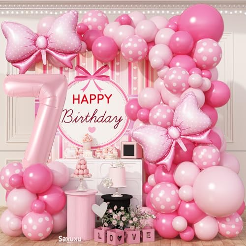 Pink 7th Birthday Decorations for Girl, Hot Pink 7 Birthday Balloon Garland Arch Kit, Bow Foil Balloons, 40Inch Number 7 Balloon for Princess 7 Year Old Party Baby Shower Anniversary Pink 7th Birthday Decorations for Girl, Hot Pink 7 Birthday Balloon Garland Arch Kit, Bow Foil Balloons, 40Inch Number 7 Balloon for Princess 7 Year Old Party Baby Shower Anniversary von Saxuxu