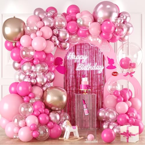 Pink Balloon Arch Kit, Pink Balloon Garland Arch Kit, Rose Gold 4D Round Foil Balloons, Macaron Light Metallic Latex Helium Clear Balloons For Girls Women Princess Birthday Baby Shower Party Wedding von Saxuxu