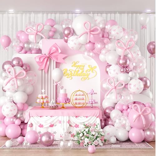 Rosa Latex Bogen Ballon Bogen Kit Pastell Baby Rosa Weiß Klar Schleife Geburtstag Ballons für Prinzessin Frauen Mädchen Rosa Geburtstag Party Baby Shower Bachelorette Braut Verlobung Dekorationen von Saxuxu