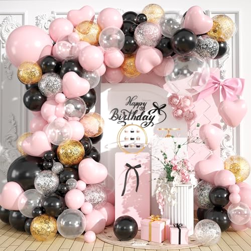 Rosa und Schwarz Ballonbogen Kit, Schwarz Rosa Luftballons Girlande Bogen Kit, Macaron Herz Latexballons, Gold Silber Konfetti Ballon für Mädchen Frauen Prinzessin Geburtstag Muttertag Party Hochzeit von Saxuxu