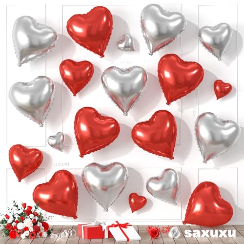 Rot-Silber-Herz-Luftballons, herzförmige Luftballons, 20 Stück, 5/10/45,7 cm, rote Silber-Folie, Liebesballons für Valentinstag, Dekorationen, Hochzeit, Verlobung, Brautpartys, Jubiläumsfeiern Rot-Silber-Herz-Luftballons, herzförmige Luftballons, 20 Stück, 5/10/45,7 cm, rote Silber-Folie, Liebesballons für Valentinstag, Dekorationen, Hochzeit, Verlobung, Brautpartys, Jubiläumsfeiern von Saxuxu