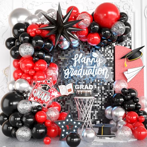 Rot und Schwarz Ballonbogen Kit, Rot Schwarz Silber Luftballons Girlande Bogen Kit, Stern Folienballons, Silber Konfetti Ballon für Abschlussfeier Geburtstag Jahrestag Verlobung Party Hochzeit von Saxuxu