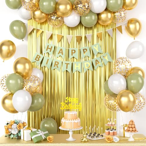 Salbeigrün Geburtstagsdekorationen, Grün und Gold Happy Birthday Party Dekorationen, Olivgrün Weiß Gold Konfetti Luftballons Fransen Vorhang Banner Kuchen Topper für Jungen Mädchen Mann Frauen Party Salbeigrün Geburtstagsdekorationen, Grün und Gold Happy Birthday Party Dekorationen, Olivgrün Weiß Gold Konfetti Luftballons Fransen Vorhang Banner Kuchen Topper für Jungen Mädchen Mann Frauen Party von Saxuxu