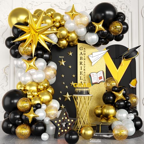 Schwarz und Gold Ballon Bogen Kit, Schwarz Weiß Gold Luftballons Girlande Kit Stern Folienballons Konfetti Ballon für Abschlussfeier Geburtstag Neujahr Ruhestand Party Hochzeit Babyparty Dekorationen von Saxuxu