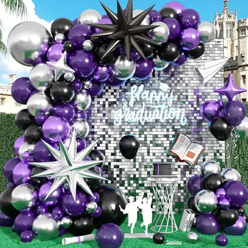 Violett-schwarzes Ballonbogen-Set, schwarze, violette, silberne Luftballons, Girlandenbogen-Set, silberfarbene Stern-Folienballons für Geburtstag, Babyparty, Party, Hochzeit, Junggesellinnenabschied Violett-schwarzes Ballonbogen-Set, schwarze, violette, silberne Luftballons, Girlandenbogen-Set, silberfarbene Stern-Folienballons für Geburtstag, Babyparty, Party, Hochzeit, Junggesellinnenabschied von Saxuxu