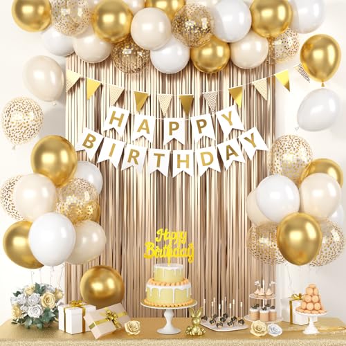 Weiß-Gold-Geburtstagsdekorationen, weiß-cremefarben, Sand, Beige, Happy Birthday-Dekorationen mit Latex-Heliumballon, Champagnerfransen, Vorhang, Kuchendekoration, Dreiecksflagge, Banner für Mädchen, Weiß-Gold-Geburtstagsdekorationen, weiß-cremefarben, Sand, Beige, Happy Birthday-Dekorationen mit Latex-Heliumballon, Champagnerfransen, Vorhang, Kuchendekoration, Dreiecksflagge, Banner für Mädchen, von Saxuxu
