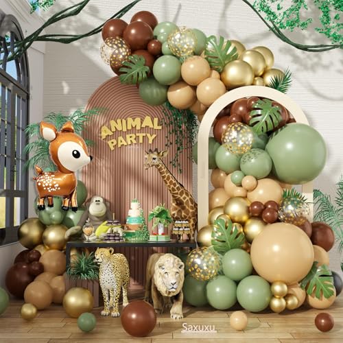 Woodland Animal Balloon Arch Kit, Salbeigrün Braun Nude Metallic Konfetti Gold Neutral Hirsch Folienballons mit Palmblättern für Kind Junge Babyparty Dekoration Safari Dschungel Geburtstag Party von Saxuxu