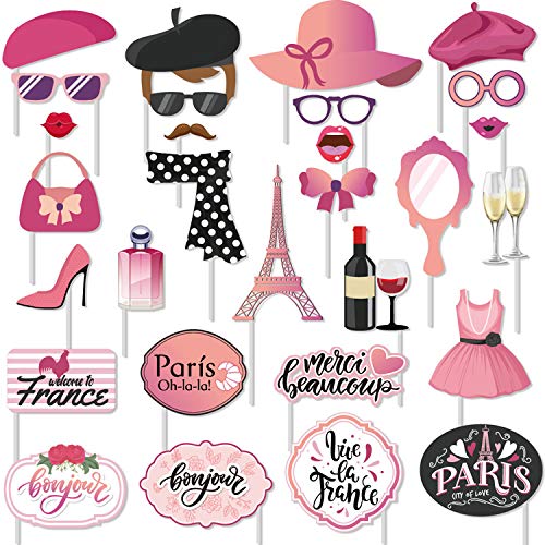 Sayala 30 Stück Paris Photo Booth Requisiten Ooh La La Partyzubehör Rosa Pappe Photo Booth Props von Sayala