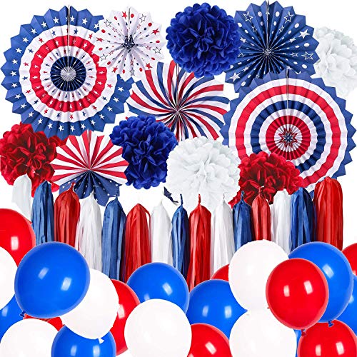 USA Unabhängigkeitstag Party Dekoration,4. Juli Amerikanische Flagge Papier-Fans, Papierblumen-B?lle, Luftballons Rot Blau für Amerika Party, USA Party Deko, Abschiedsparty Deko USA (1) von Sayala