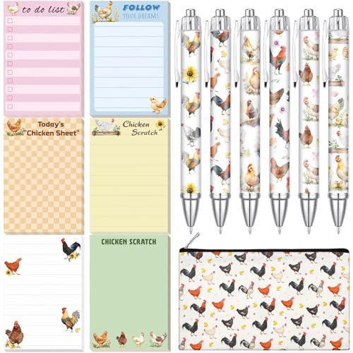 Sayglossy 13-teiliges Schreibwaren-Set mit Huhn-Motiv für Frauen, Studenten, Lehrer, enthält 6 Blöcke, lustiger Haftnotizblock, 6 Hühner-Kugelschreiber und 1 Federmäppchen, Tasche für Schule, Büro von Sayglossy
