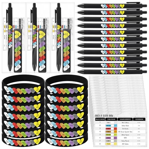 Sayglossy 15 Sets Phlebotomy Essentials Reihenfolge der Blutentnahme Referenzkarten Cna Woche Geschenke Kugelschreiber und Silikon-Armbänder Praxis-Kit Geschenke für Krankenschwestern Krankenpflege von Sayglossy